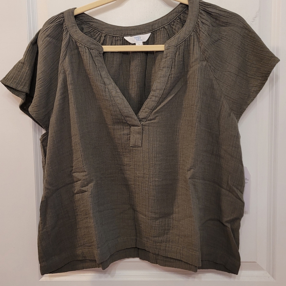 Time And Tru NWT Cotton Gauze Summer Top Sz L 12-14 Army Green - Picture 4 of 11
